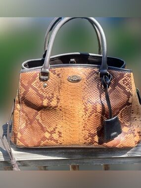 Coach Tan and Dark Brown Snake-Embossed Leather Satchel